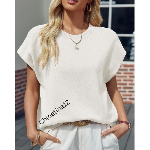 New Cap Sleeve Knit Crew Neck Lightweight Sweater Tank Top Shirt Various Colors - Picture 2 of 16